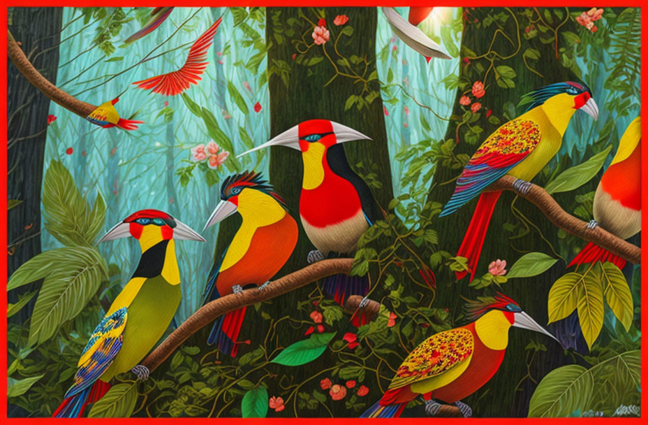 Vibrant Birds on Branches in Lush Green Forest