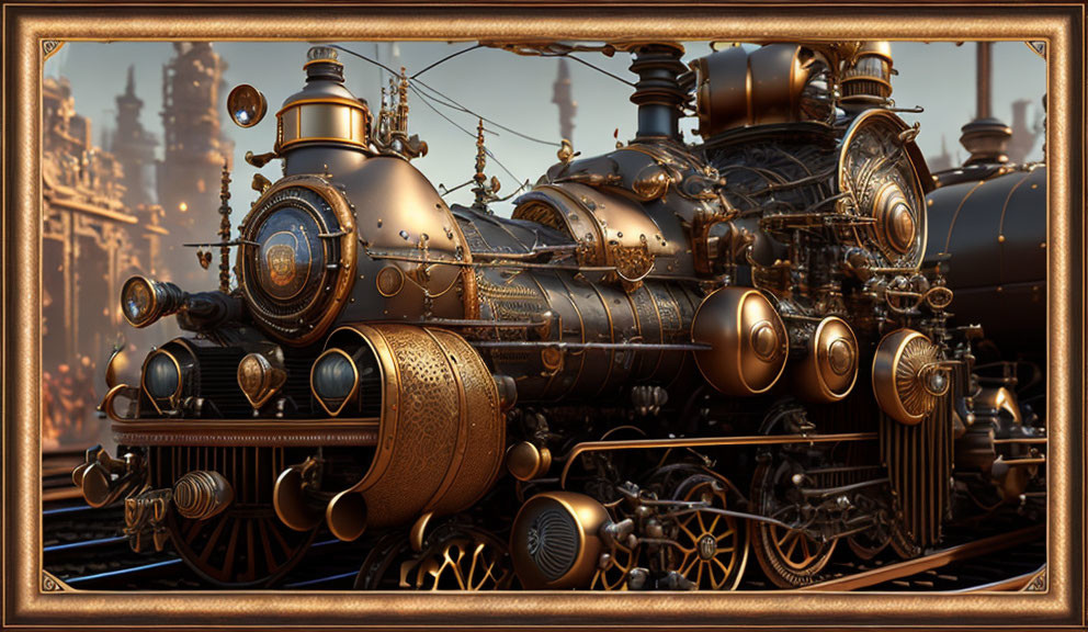 Detailed Steampunk Locomotive Against Industrial Backdrop