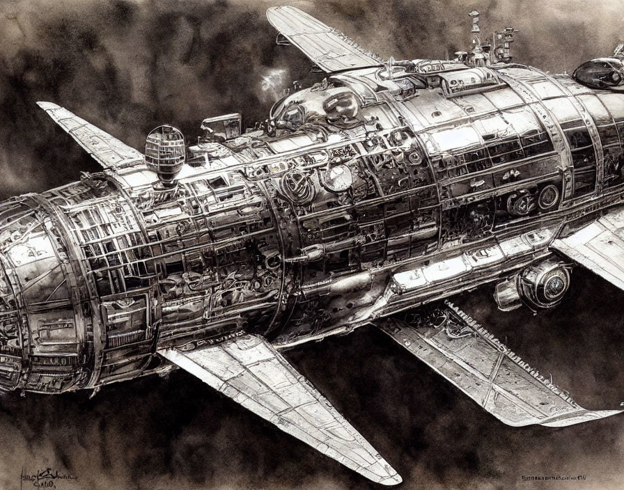 Detailed Monochrome Sketch of Vintage Propeller Aircraft with Exposed Mechanics