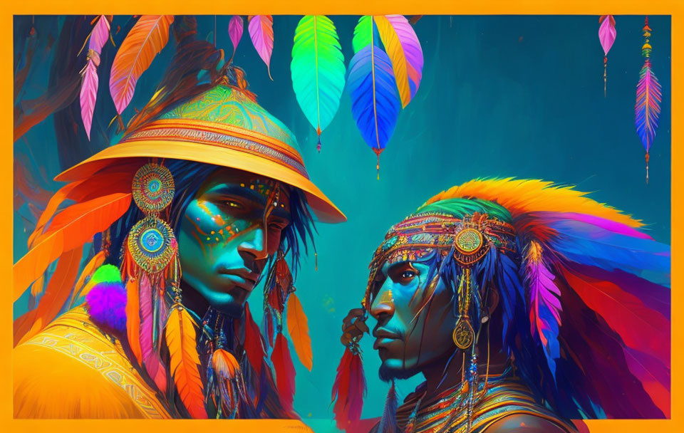 Vibrant tribal attire and face paint on two individuals against colorful backdrop