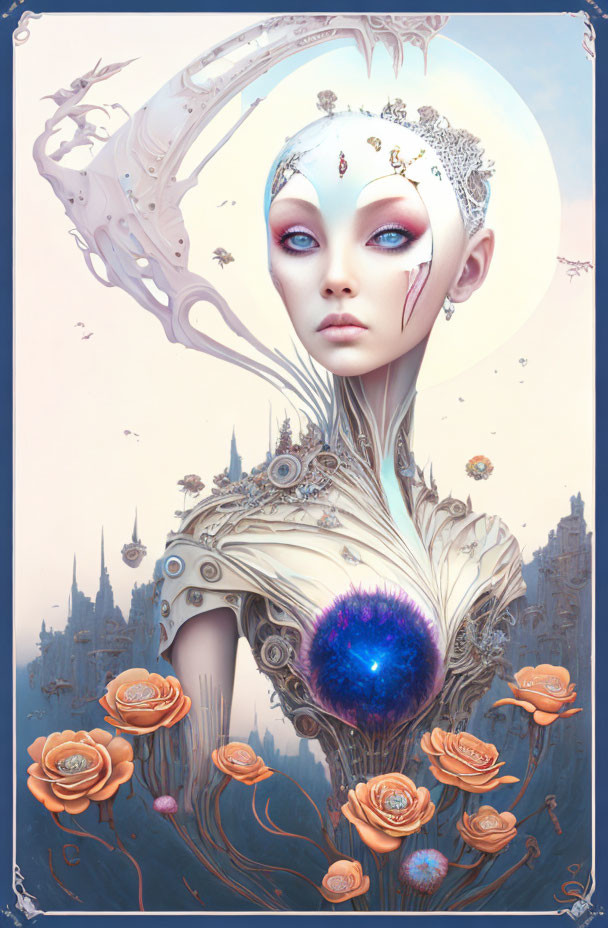 Ethereal female figure with ornate headdress and vibrant blue eyes in fantastical cityscape