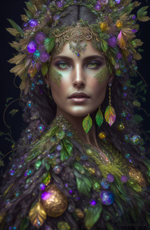 Nature-inspired makeup and jewelry with leaf motifs and feathers on a woman.