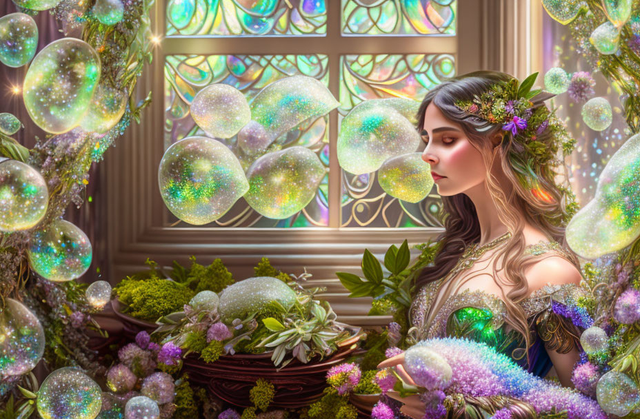 Mystical woman in iridescent bubbles with vibrant flora and stained-glass window