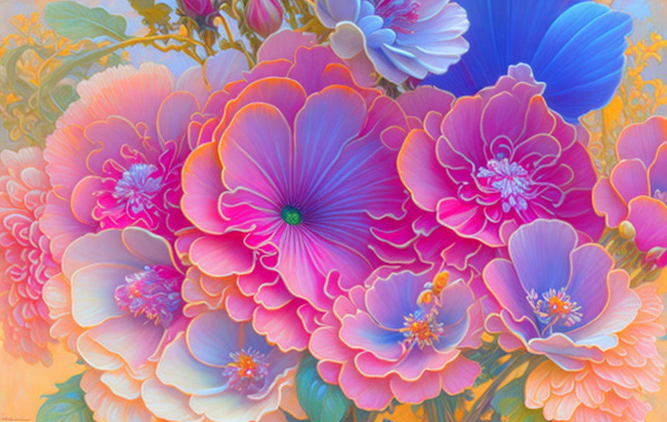 Colorful Oversized Pink and Blue Flowers Painting with Intricate Details