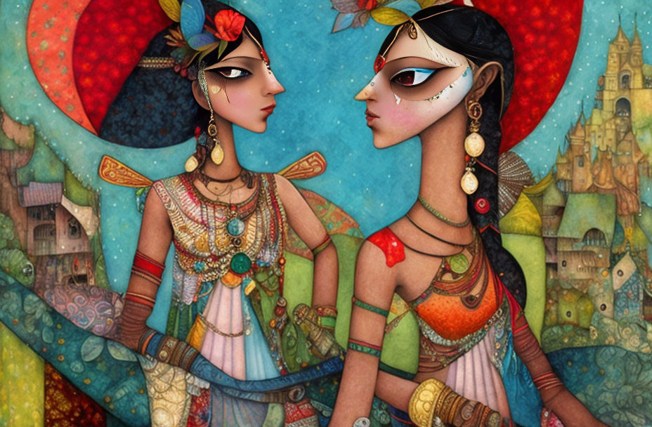 Stylized female figures in ornate ethnic attire against vibrant cityscape.