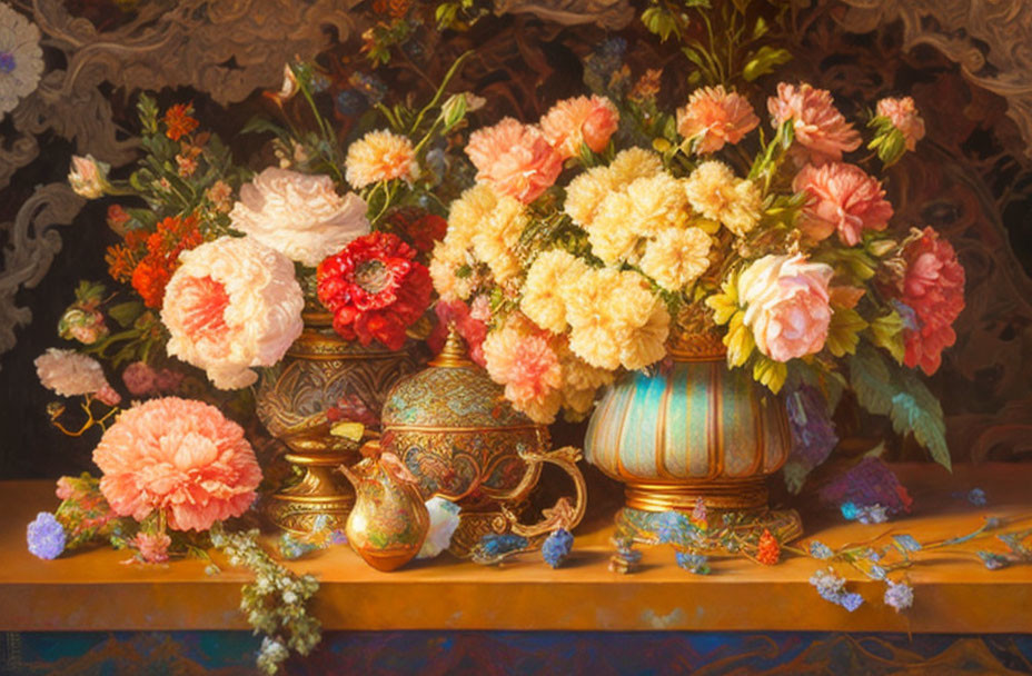 Opulent floral still life painting with vibrant flowers and ornate vases