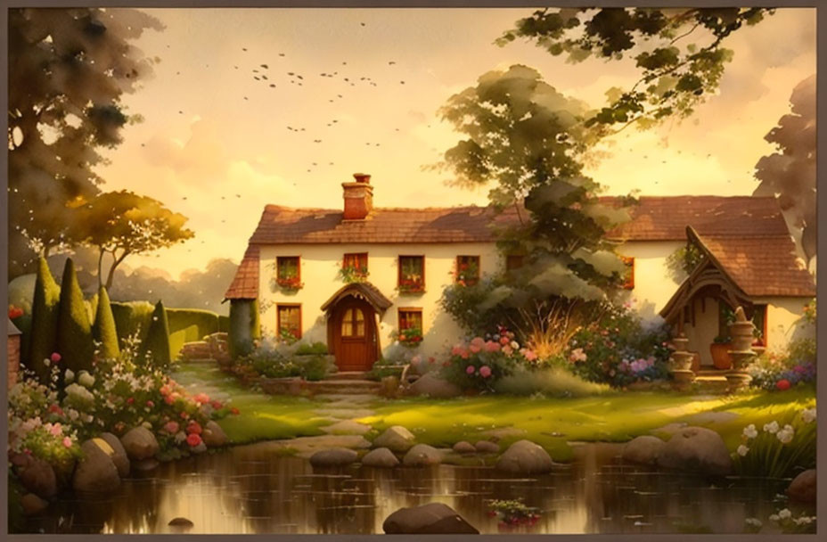 Thatched Roof Cottage in Serene Landscape with Pond