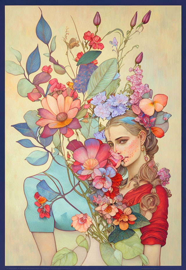 Serene Woman Surrounded by Colorful Flowers and Leaves