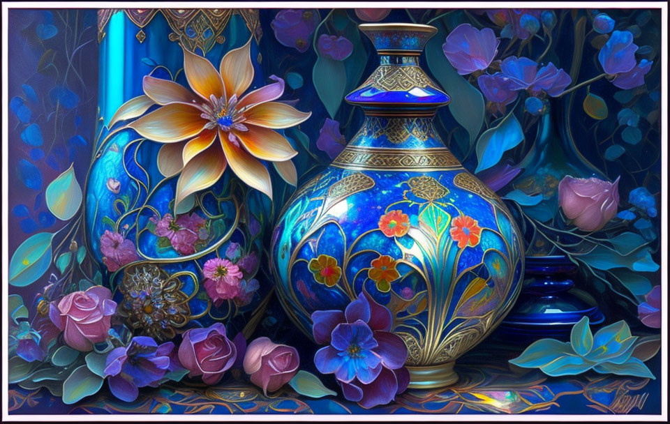 Ornate blue vases with gold and floral designs in fantasy floral setting