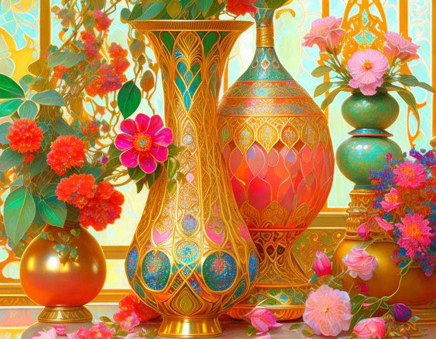 Colorful Digital Artwork: Ornate Vases & Flowers