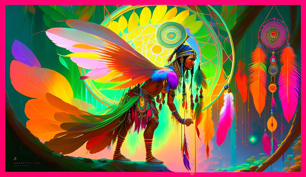 Colorful illustration of winged figure in Native American attire with dreamcatcher and feathers.