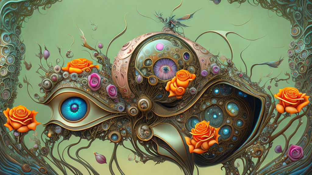 Surrealist artwork of eye-adorned structure with floral and metallic designs