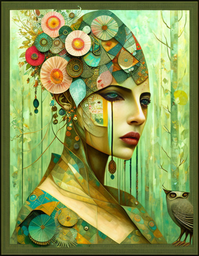 Woman with Nature-Inspired Headpieces in Forest with Owl