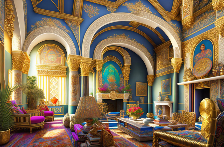 Luxurious Room with Blue and Gold Walls and Lavish Decorations