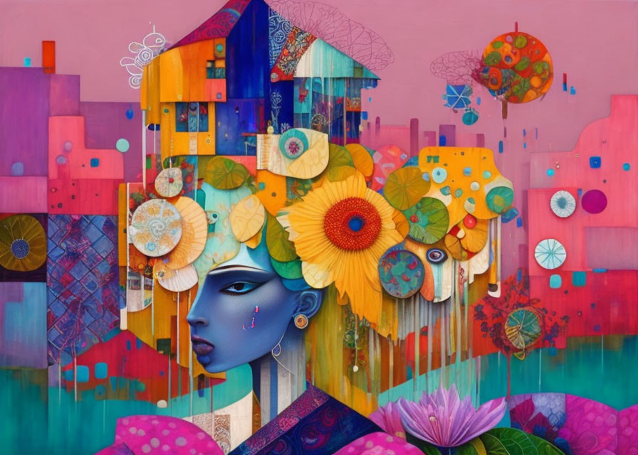 Blue-faced woman with cityscape and floral patterns: Surreal artwork