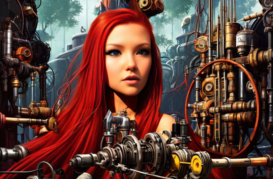 Vibrant red-haired woman in futuristic industrial setting