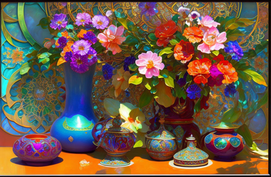 Colorful still life painting with ornate vases and flowers on decorative backdrop