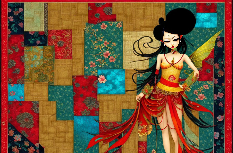 Stylized female figure with elaborate hairstyle and colorful attire on textured patchwork background