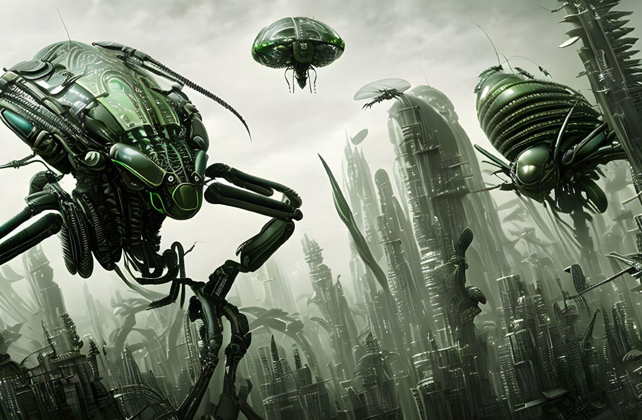 Futuristic cityscape with insect-like robots and organic structures in green.