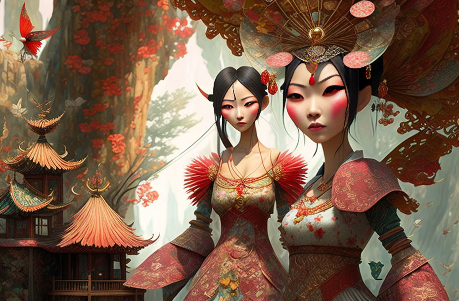 Asian female figures in traditional attire with umbrella and temple backdrop among red flowers and bird.