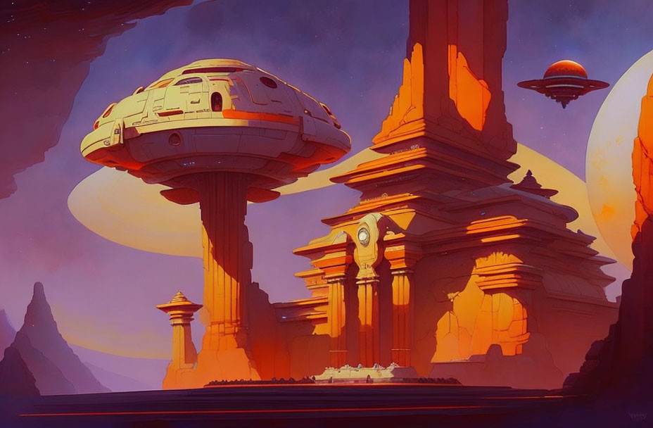 Futuristic science fiction landscape with alien temple and towering rock formations