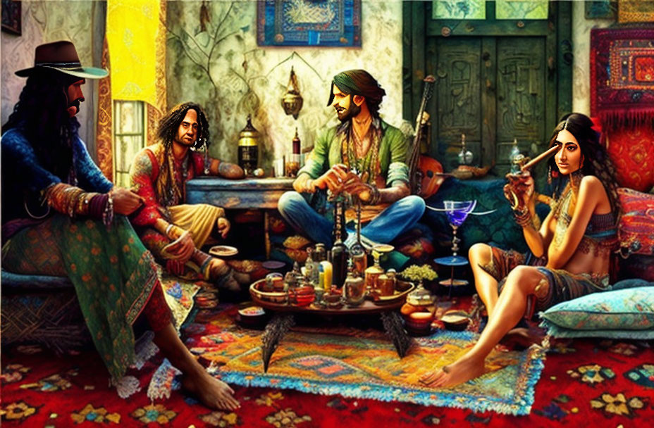 Four People Sharing Hookah in Colorful Bohemian Room