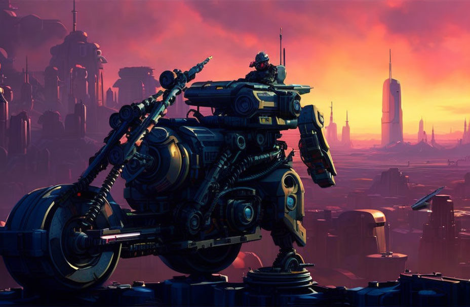 Futuristic humanoid robot with tank treads in dystopian city at sunset