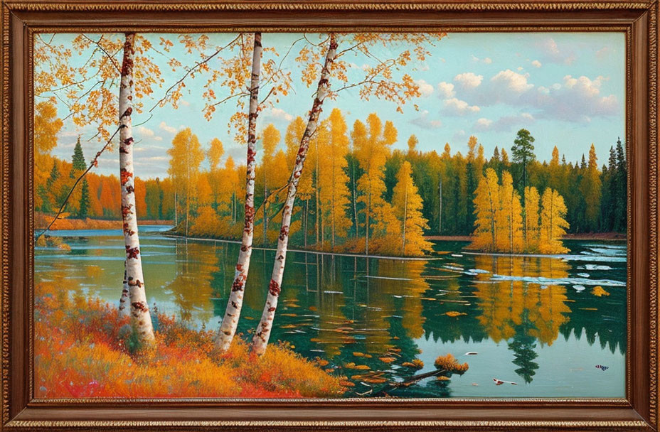 Framed autumn landscape painting with birch trees, reflective lake, fall foliage, serene forest.