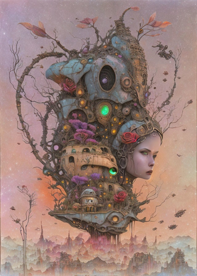 Fantastical tree-like structure with woman's face and glowing gems in dusky sky