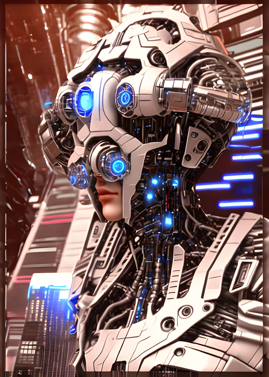 Detailed Robot Head with Glowing Blue Eyes in Futuristic Cityscape