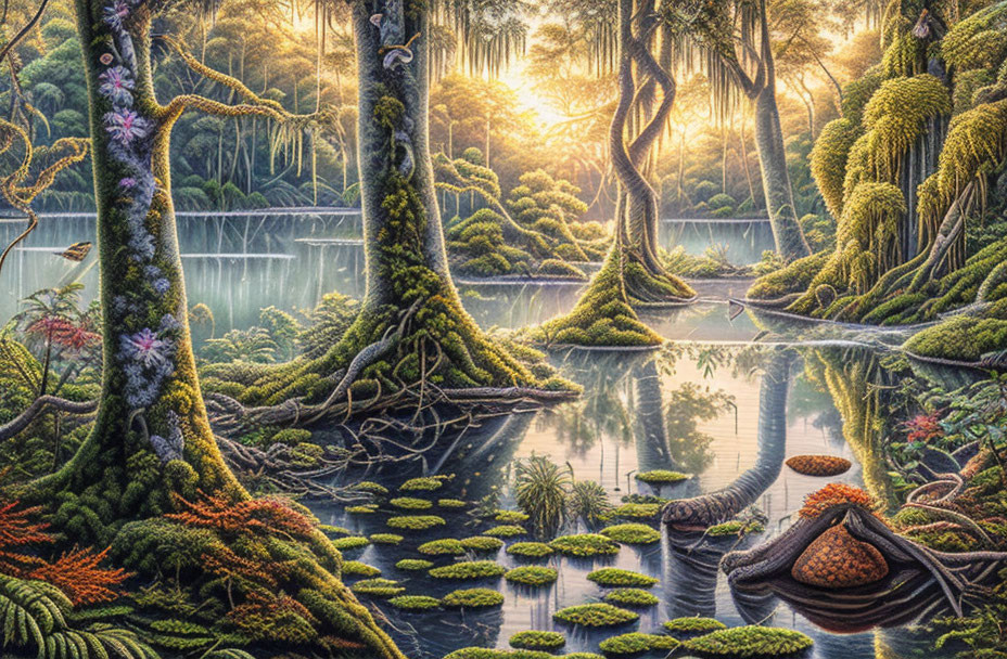 Tranquil forest scene: moss-covered trees, serene lake, vibrant flora, and sunrise glow