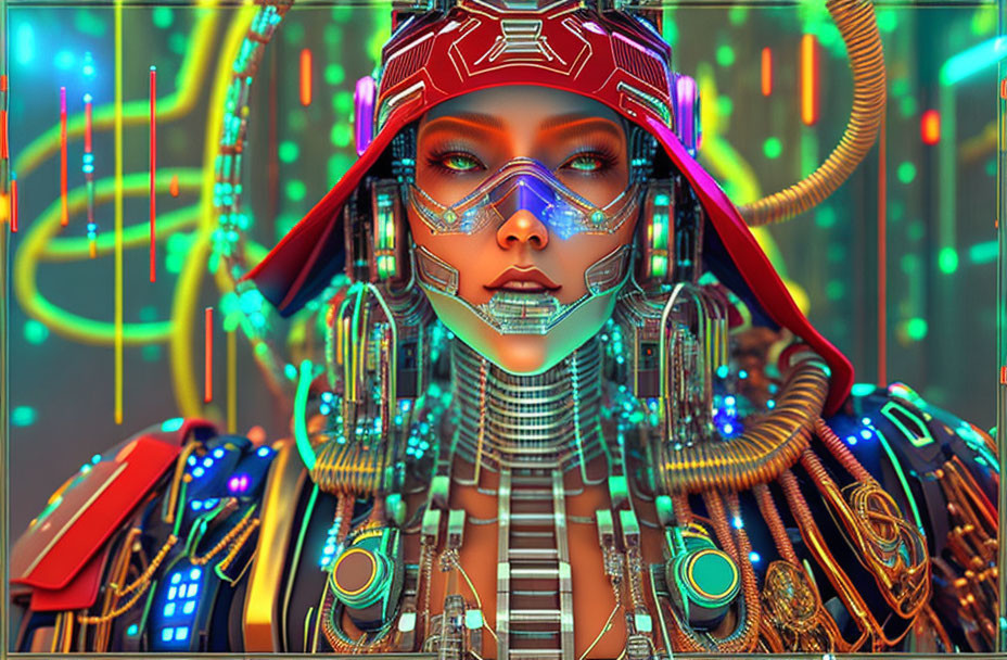 Futuristic cyborg woman with elaborate headgear in neon lights