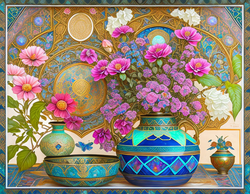 Colorful Still Life with Ornate Vessels and Abundant Flowers on Mosaic Background