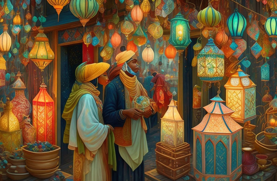 Traditional Attire Individuals Admiring Lanterns at Colorful Market