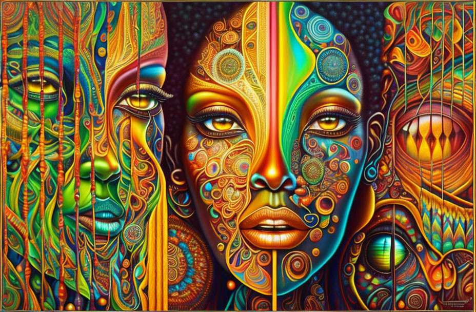 Colorful Psychedelic Artwork with Intricate Faces on Dark Background