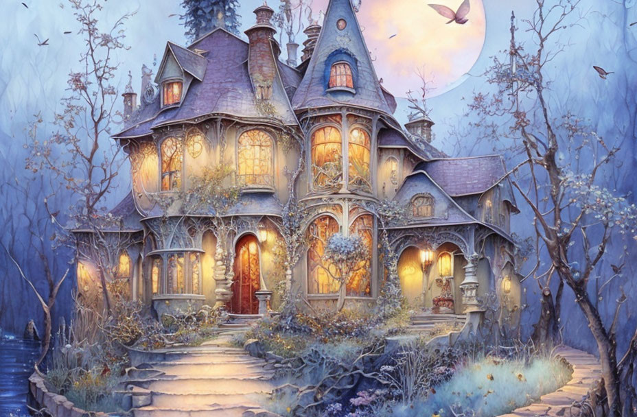 Victorian Style House at Twilight with Lit Windows and Cobblestone Path