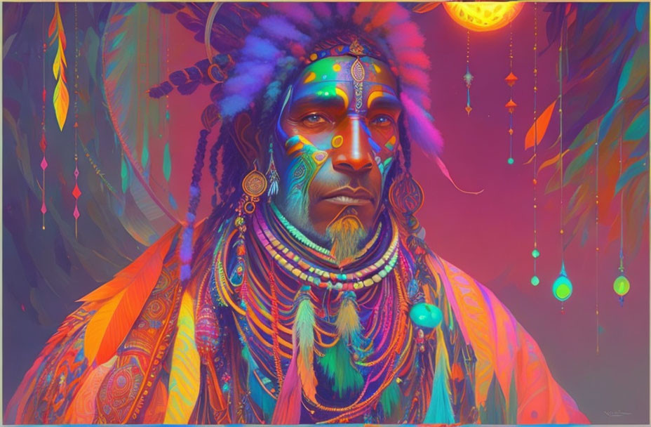 Colorful Native American man in traditional attire against psychedelic backdrop