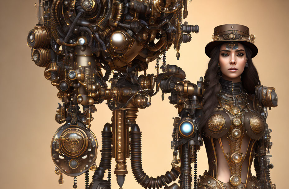 Steampunk woman with machinery on warm background