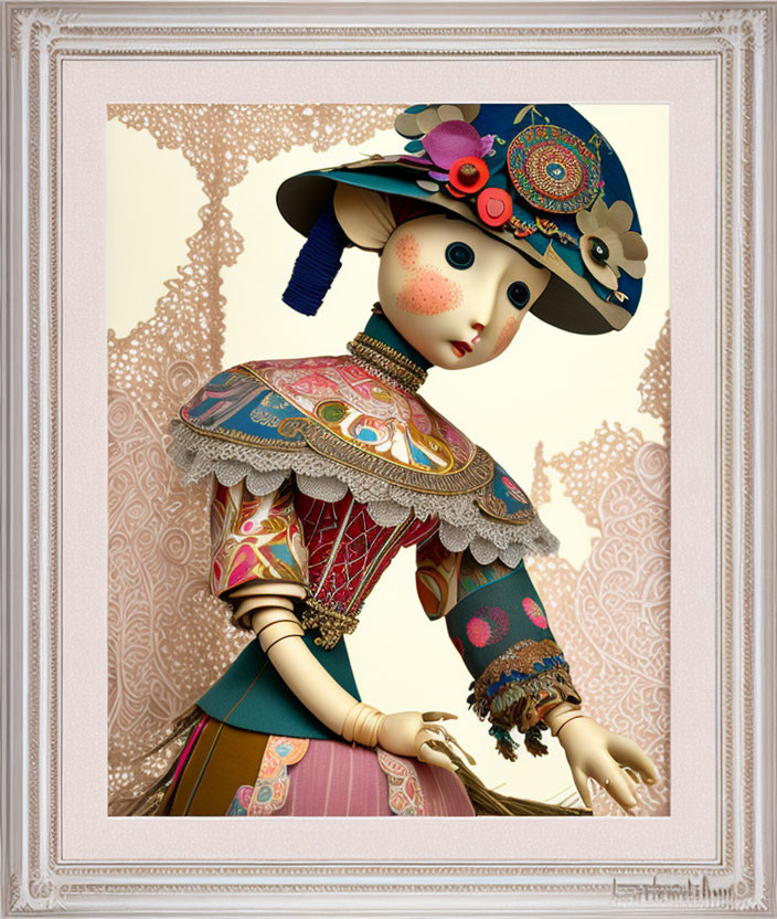 Detailed Vintage-Style Female Doll Illustration with Colorful Attire