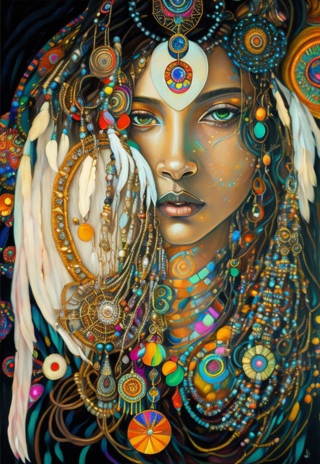 Colorful Bohemian Woman Illustration with Elaborate Adornments