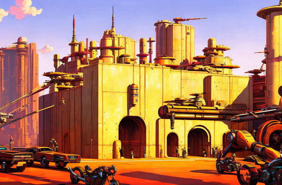 Futuristic cityscape with sand-colored buildings and flying vehicles