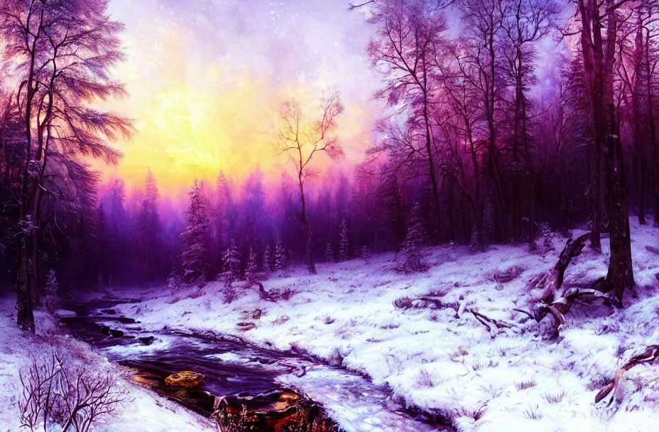 Winter forest scene with snow, bare trees, stream, colorful sky at dusk or dawn