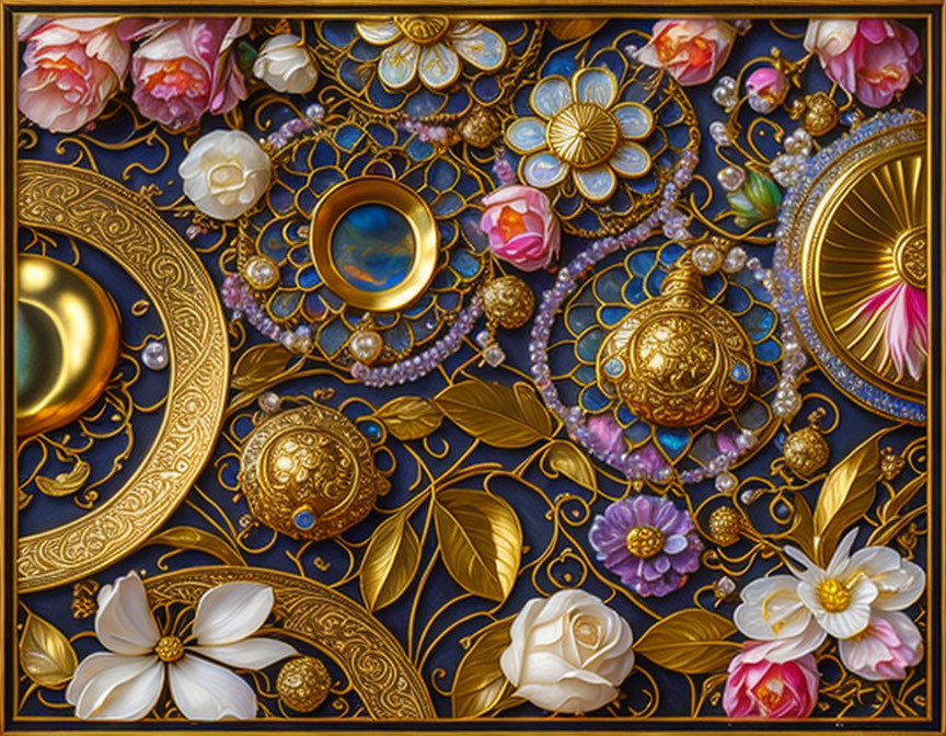 Ornate composition with gold filigree, gemstones, and vibrant flowers on dark background