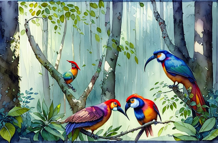 Colorful Watercolor Painting of Exotic Birds in Mystical Forest