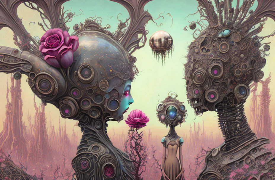 Surreal robotic figures with floral and mechanical headpieces in mystical forest