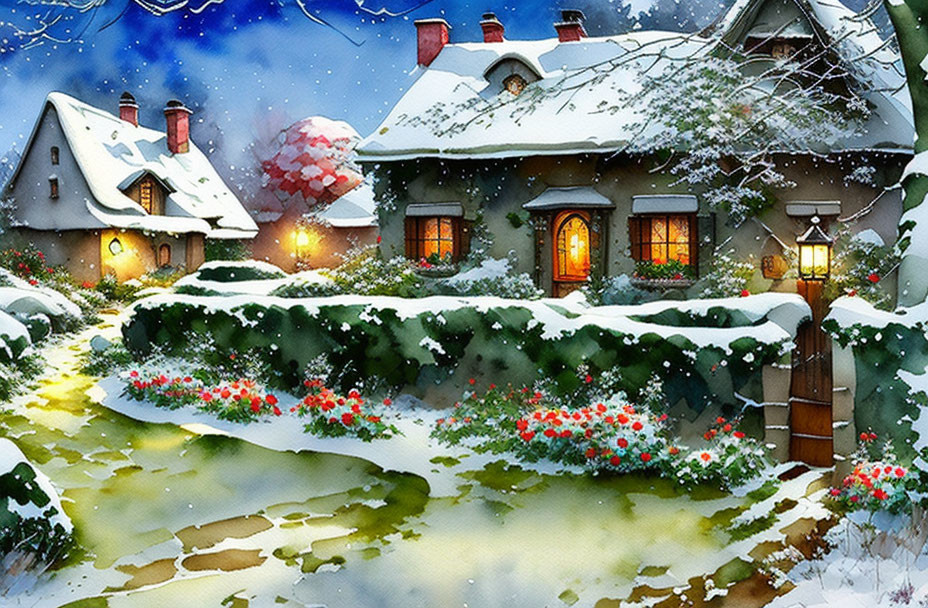 Snow-covered cottages, glowing windows, red flowers, and stone pathway in cozy winter scene