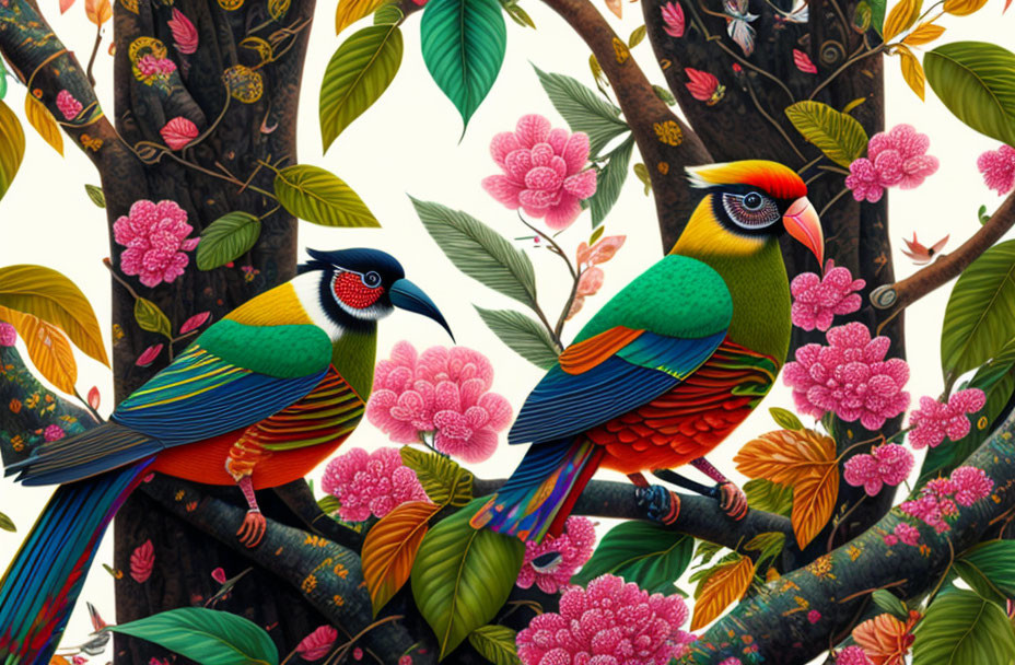 Vividly colored birds on flowering branches with detailed plumage