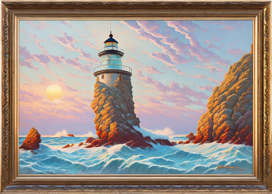 Lighthouse painting on rocky outcrop with crashing waves at sunset