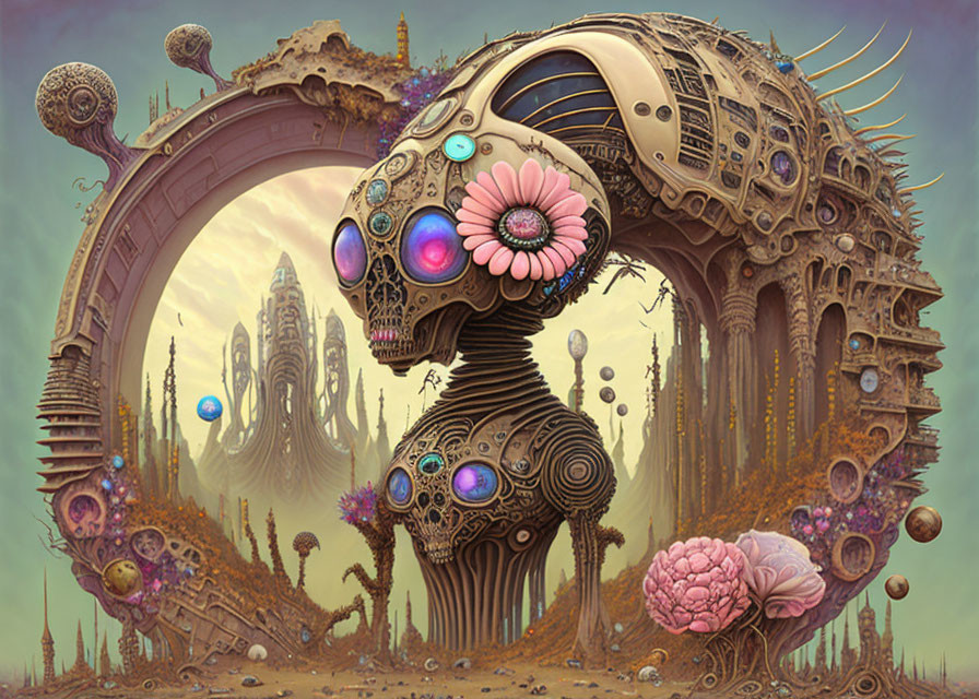 Surreal Artwork: Mechanical domes, floral motif, organic architecture under hazy sky