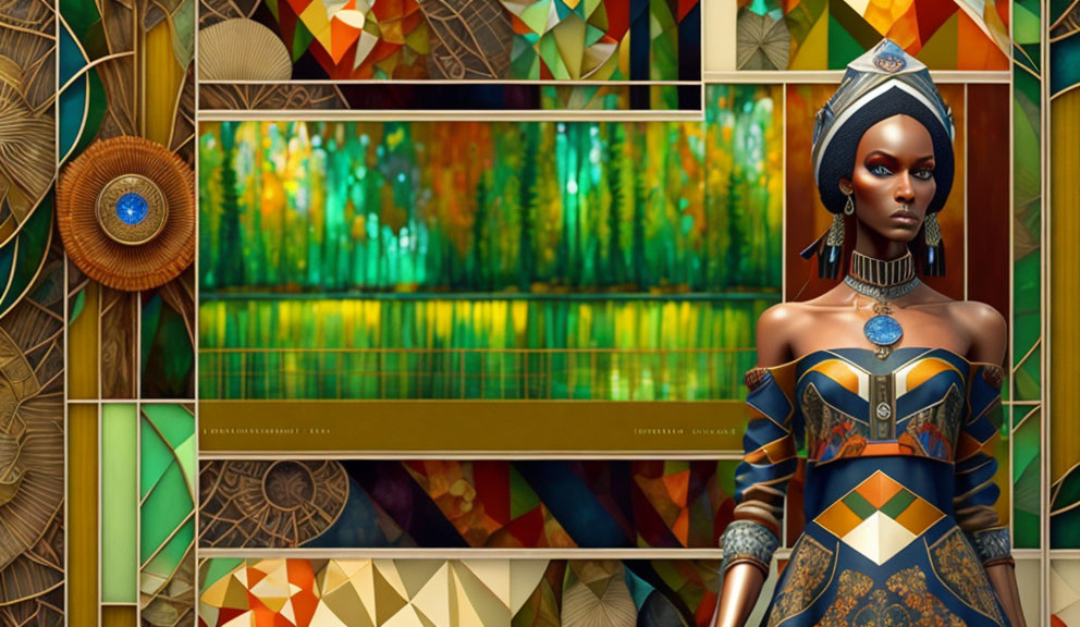 Stylized female figure with elaborate headgear and dress on vibrant geometric background